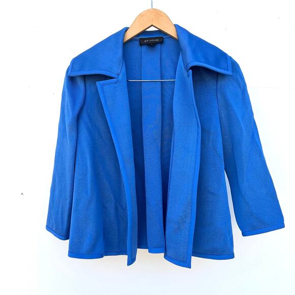 St. John Open Front Santana Knit Blazer Jacket Electric Blue Collared 0 Cobalt - Picture 2 of 8